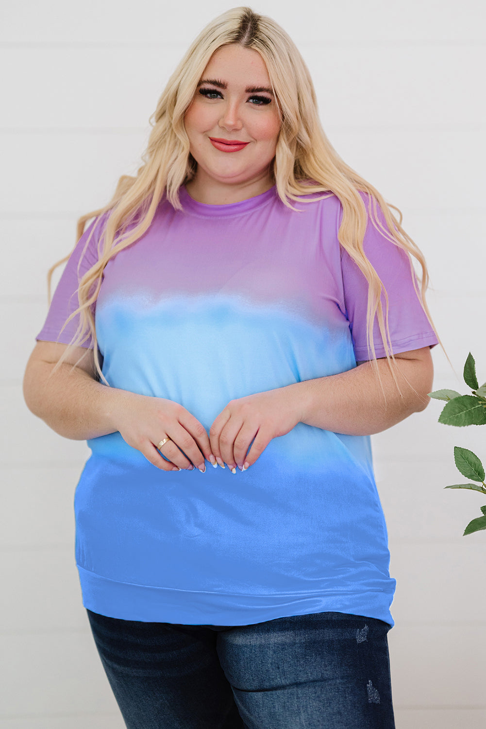 Purple Crew Neck Tie-dye Colorblock Plus Size Tee