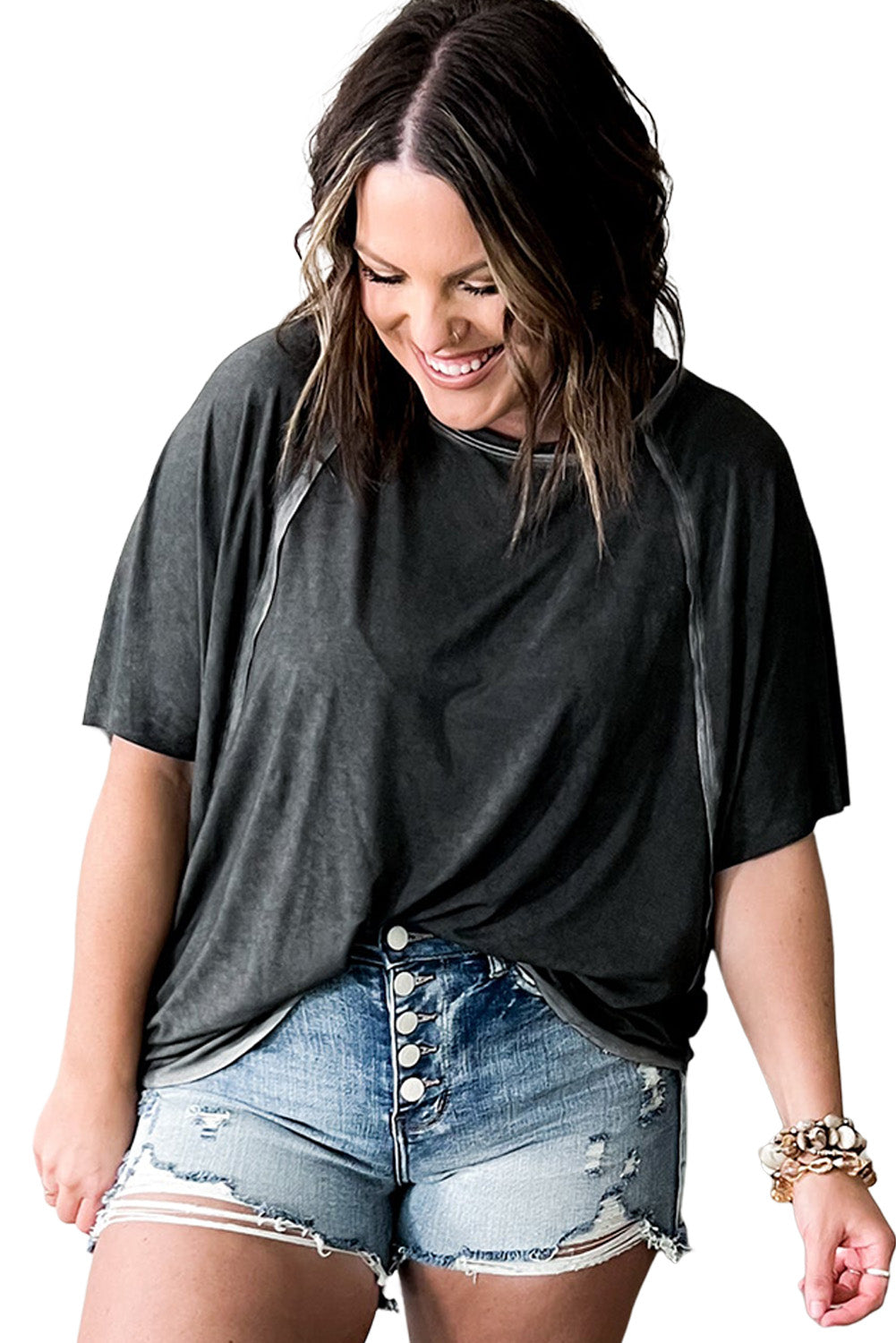 Black Expose Seam Raglan Sleeve Plus Size T Shirt