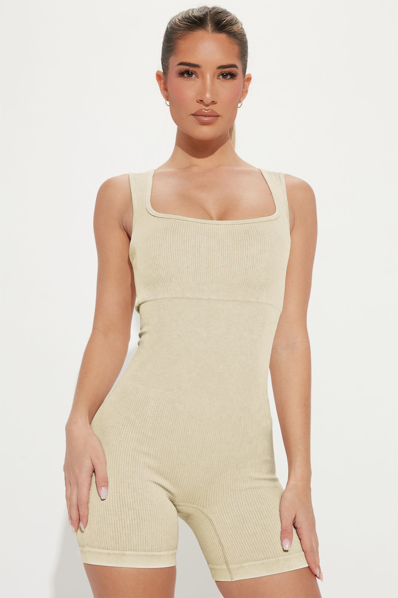 Apricot Ribbed Square Neck Padded Sports Romper