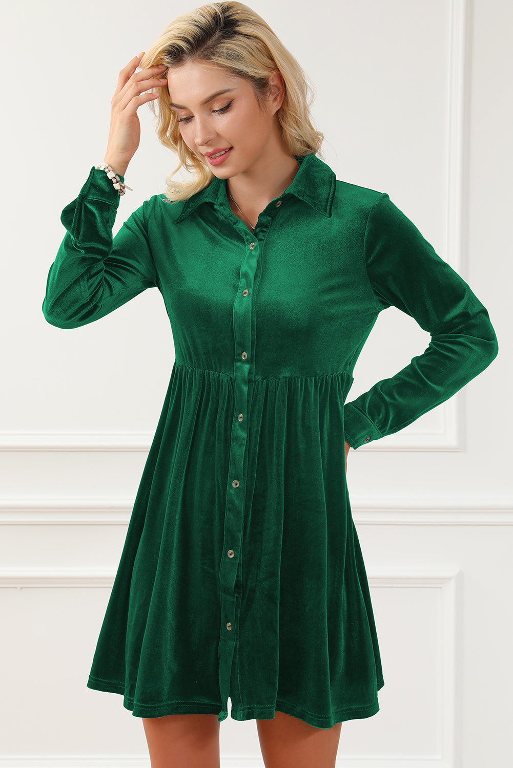 Green Long Sleeve Ruffle Velvet Button Up Dress