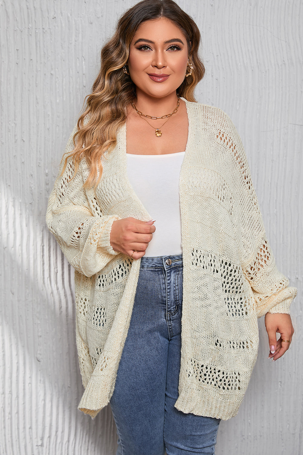 Apricot Plus Size Slouchy Hollowed Knit Open Front Cardigan