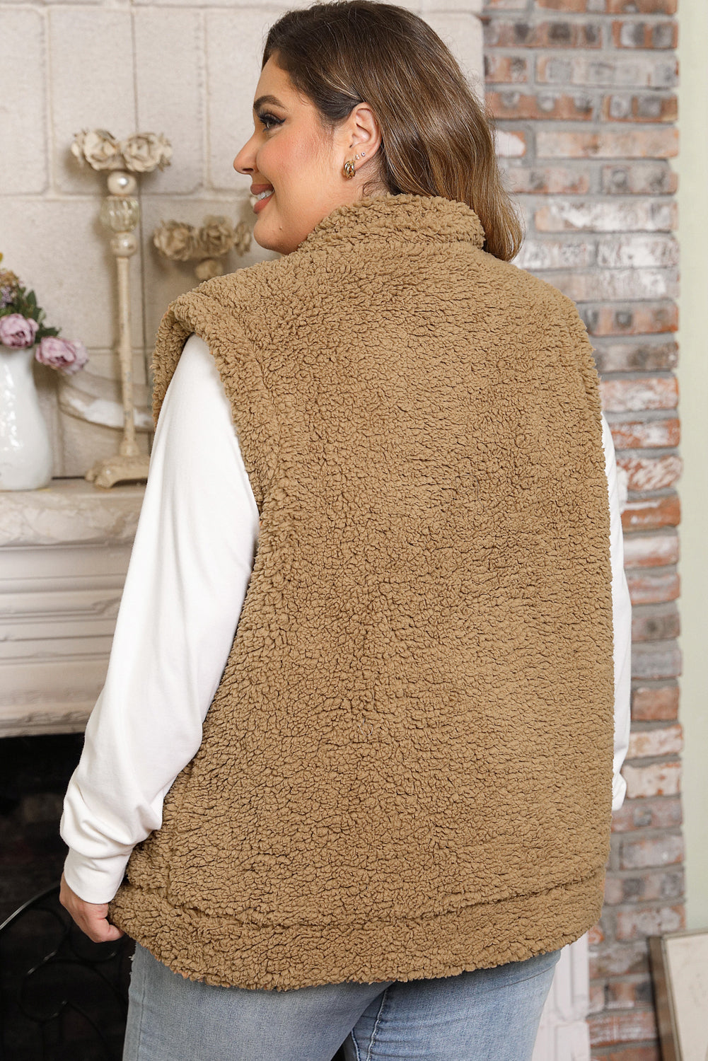 Khaki Plus Size Pocketed Sherpa Vest