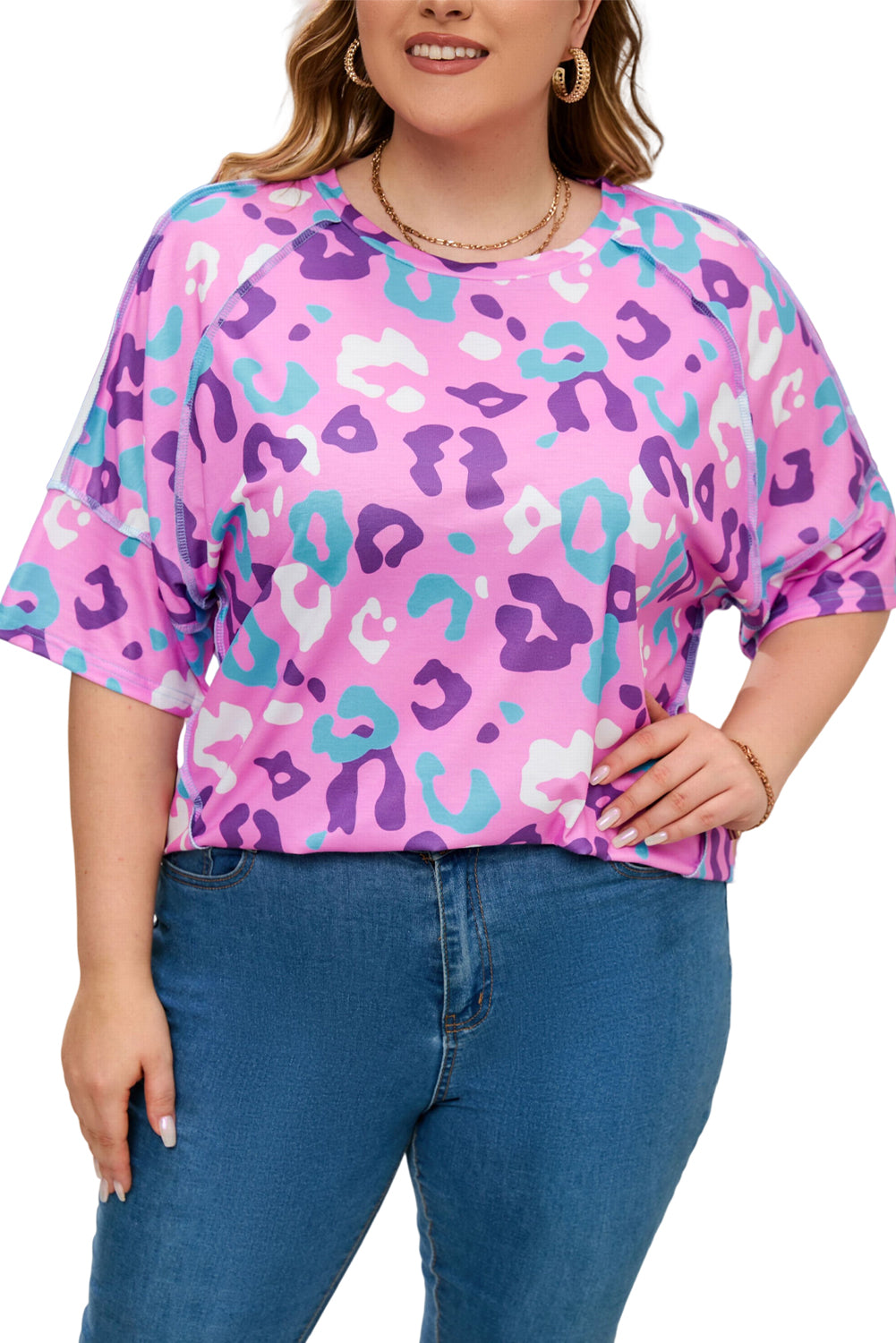 Rose Leopard Kiss Print Plus Size Short Sleeve Tee