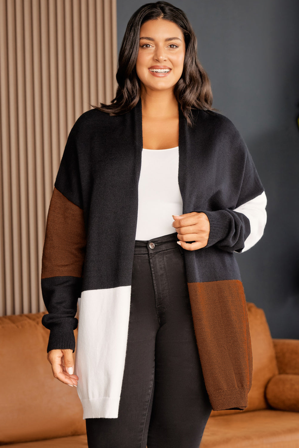 Brown Plus Size Open Front Color Block Cardigan