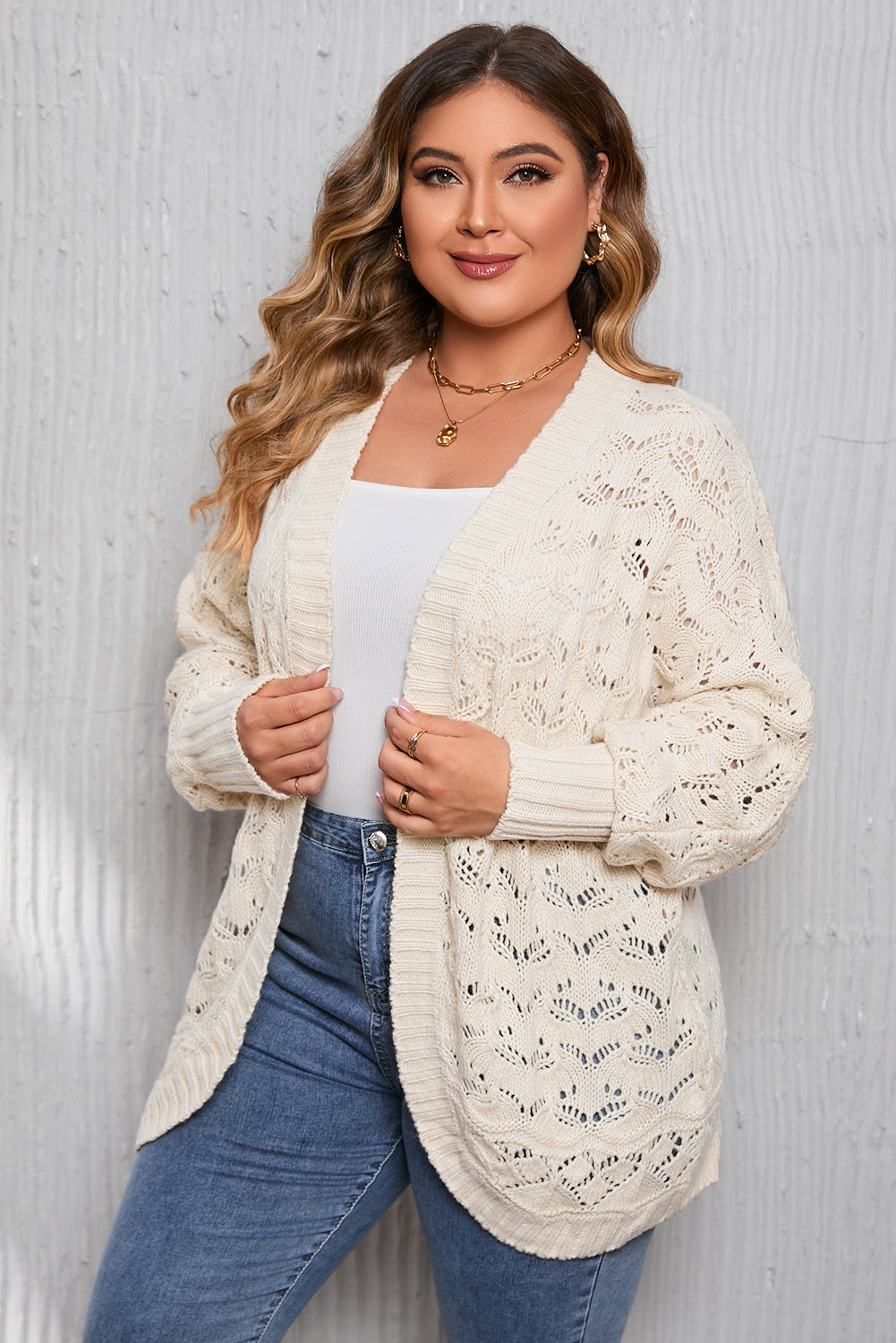 Beige Plus Size Textured Knit Open Ribbed Trim Cardigan