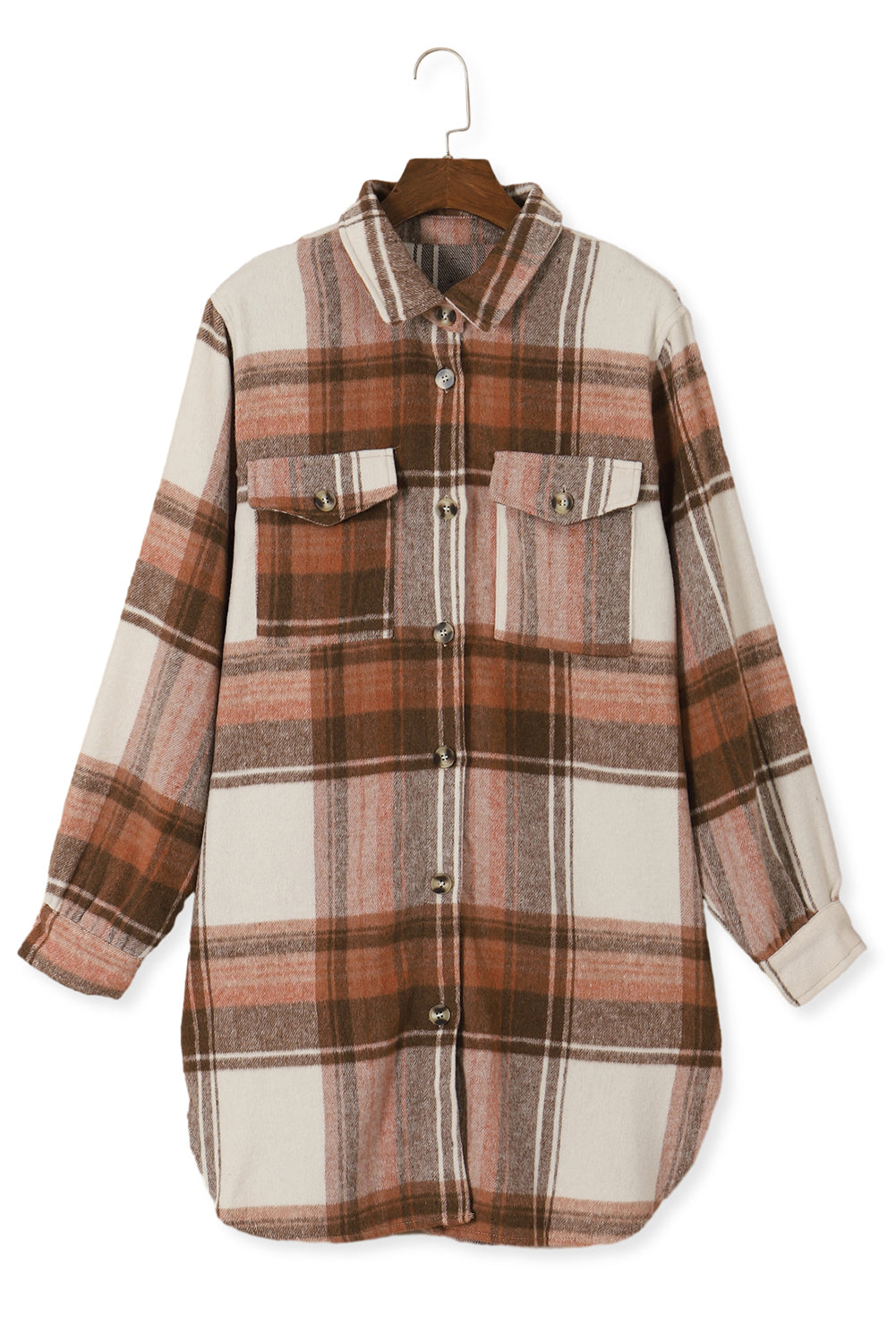 Brown Plus Size Plaid Flap Pockets Shacket