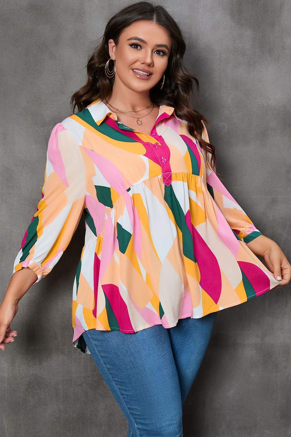 Ginger Plus Size Geometric Print Bracelet Sleeve Flowy Blouse