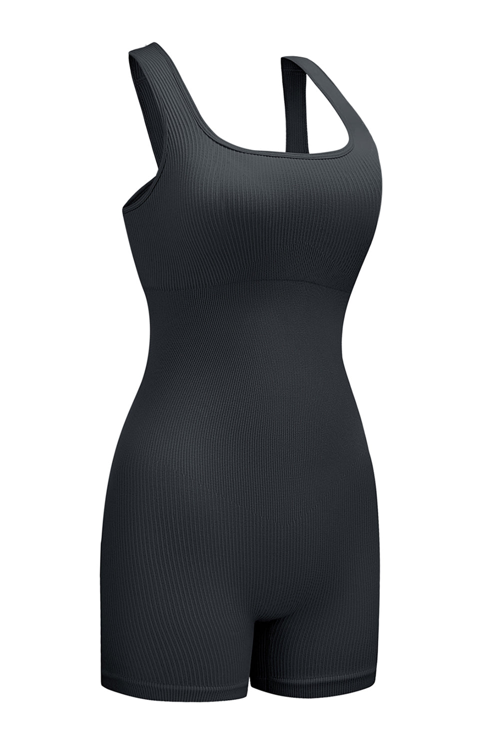 Black Ribbed Square Neck Padded Sports Romper