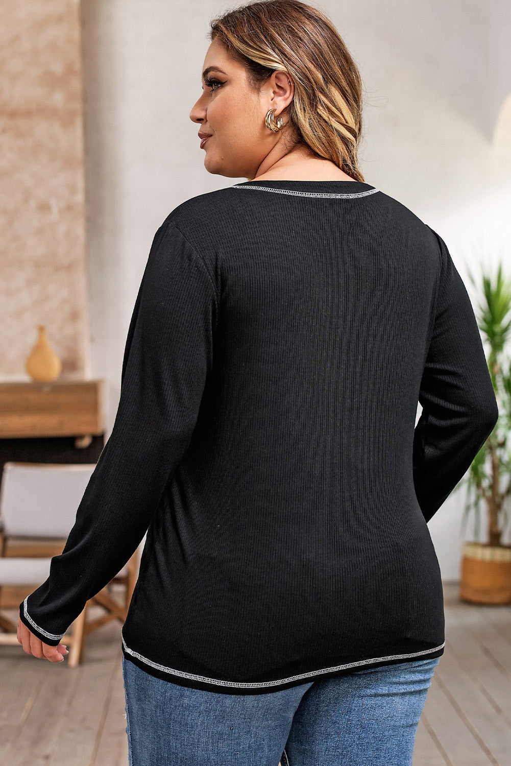 Black Plus Size Contrasting Topstitch Ribbed Henley Top