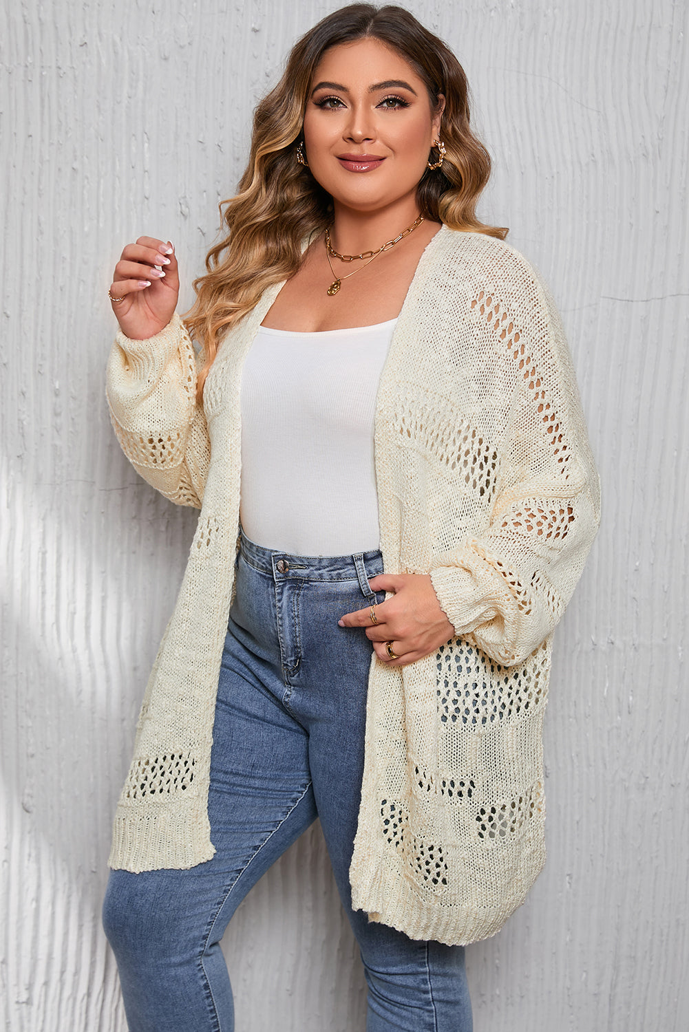 Apricot Plus Size Slouchy Hollowed Knit Open Front Cardigan