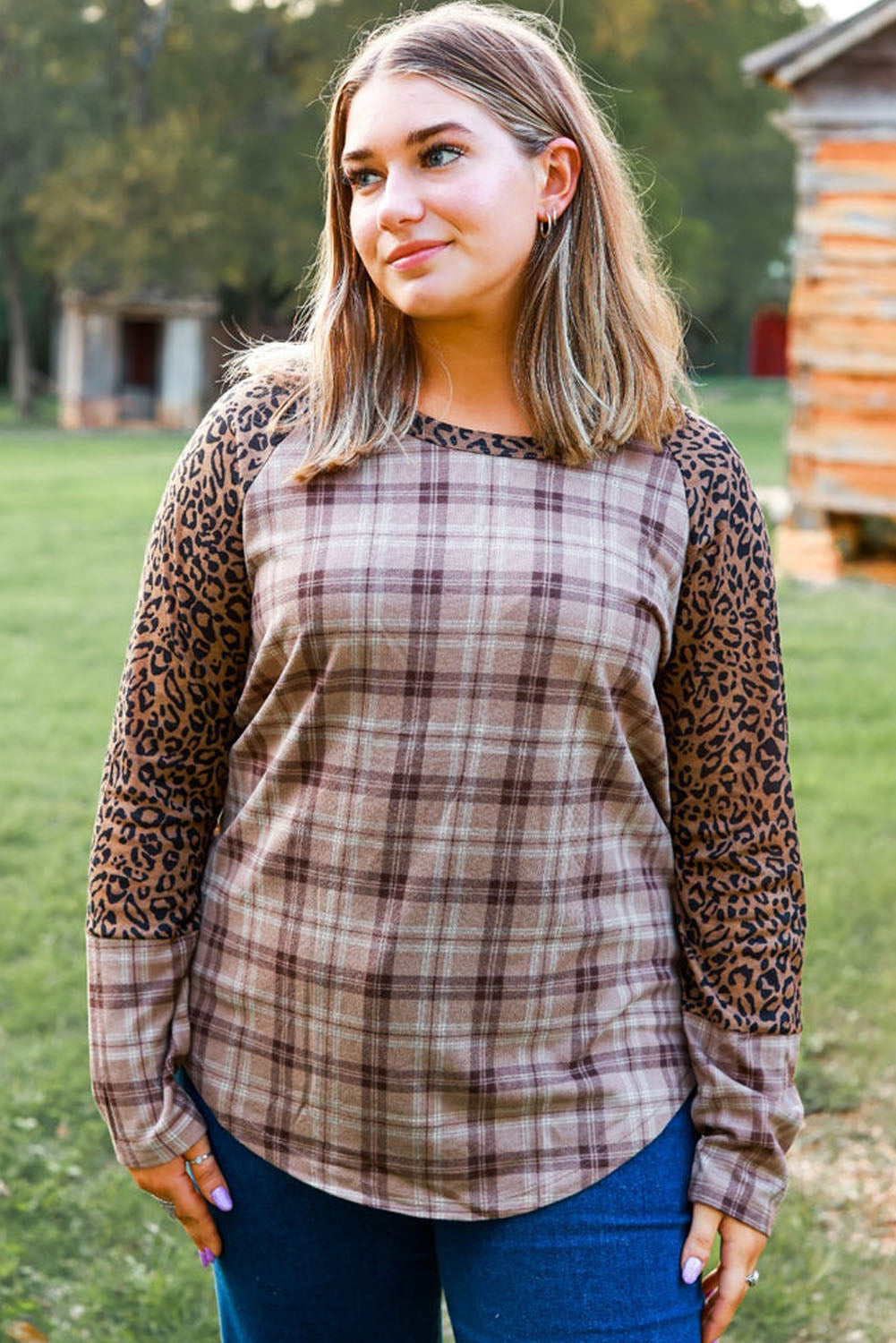 Chestnut Plus Size Leopard Raglan Sleeve Plaid Top