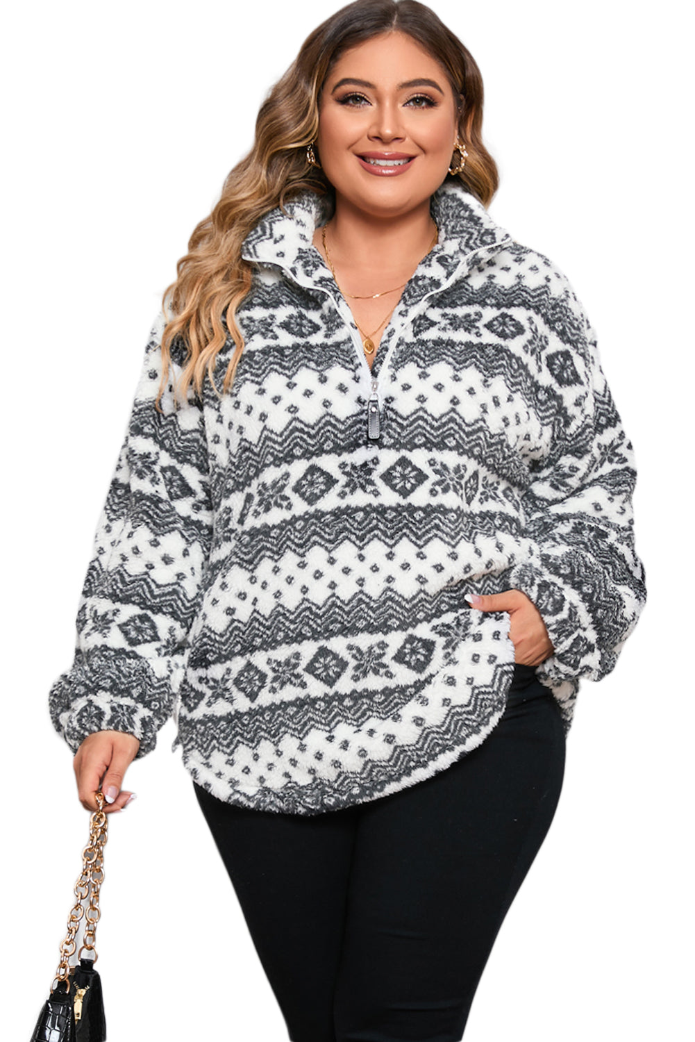 White Sherpa Geometric Print Quarter Zip Plus Size Pullover