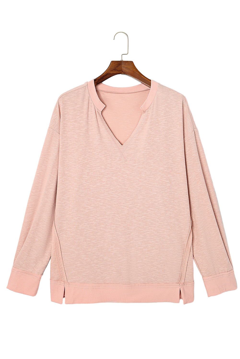 Pink Raw Cut Notched Neck Plus Size French Terry Hoodie