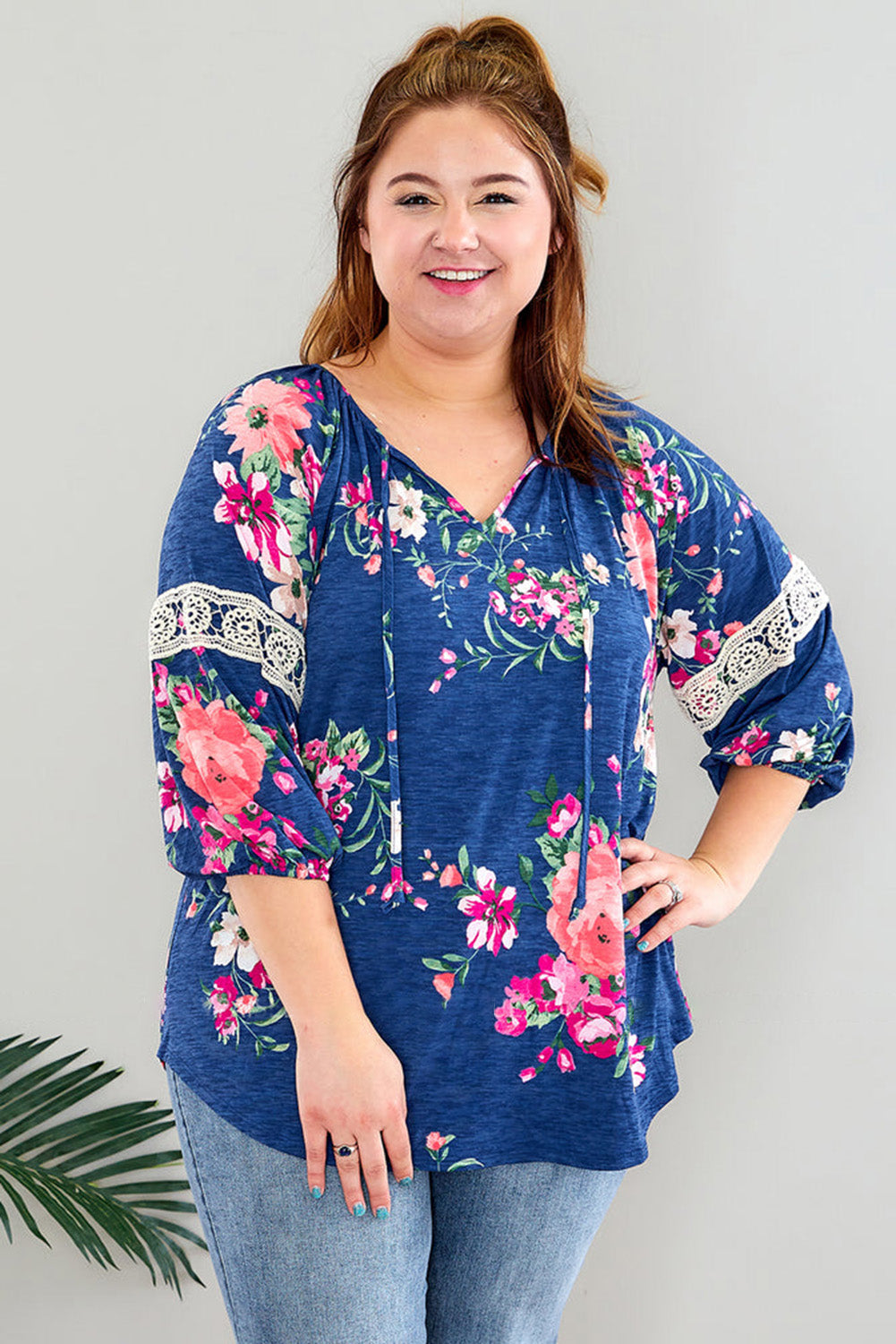 Dark Blue Plus Size Lace Patch 3/4 Sleeve Split Neck Floral Top