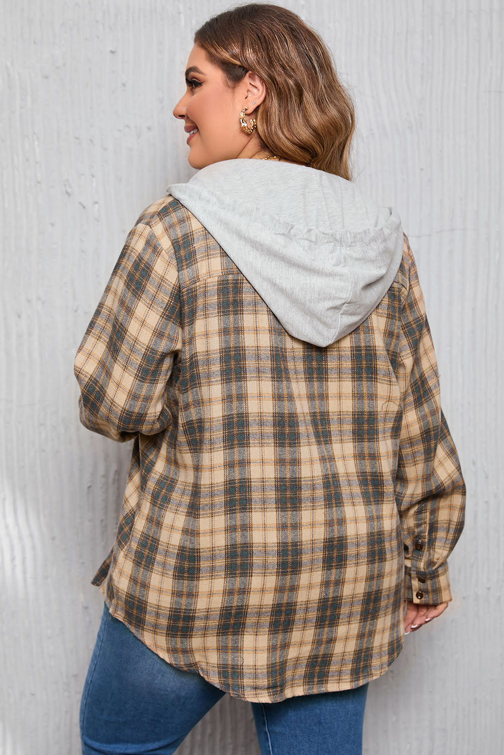 Camel Plus Size Plaid Print Drawstring Hooded Shacket