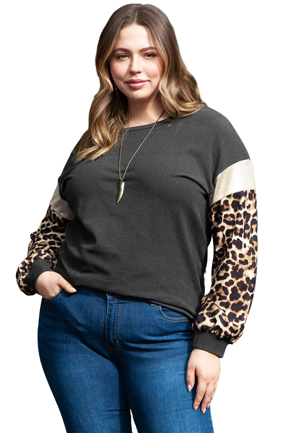 Black Plus Size Leopard Sequin Long Sleeve Top