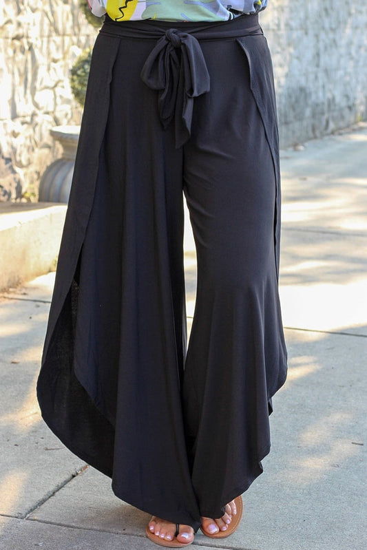 Black Plus Size Front Tie Tulip Wide Leg Pants