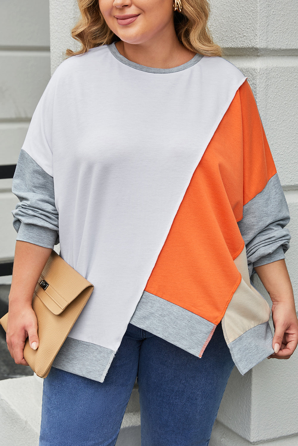 Multicolor Plus Size Colorblock Seamed Drop Shoulder Sweatshirt