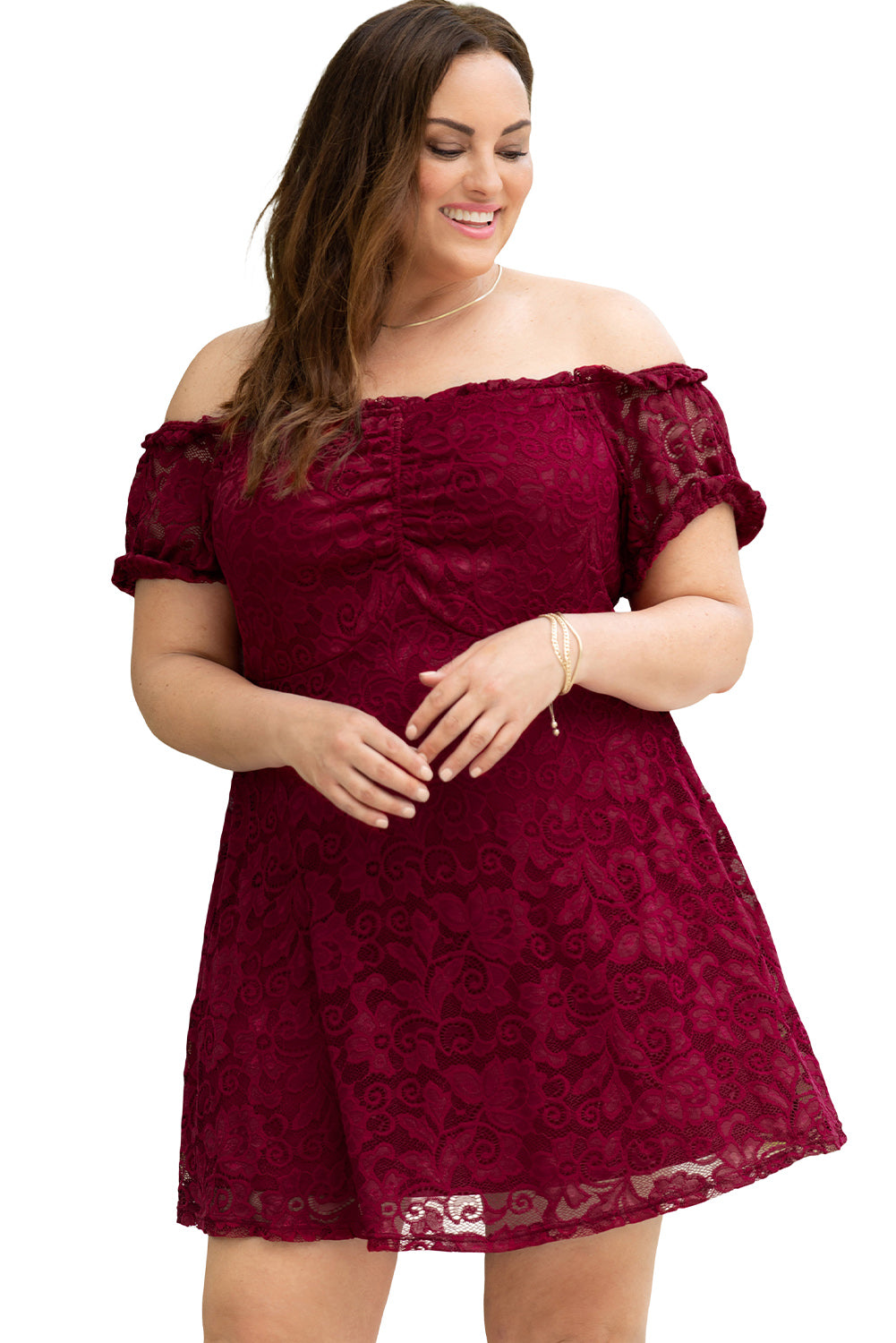 Fiery Red Lace Frill Bubble Sleeve Off Shoulder Plus Size Dress