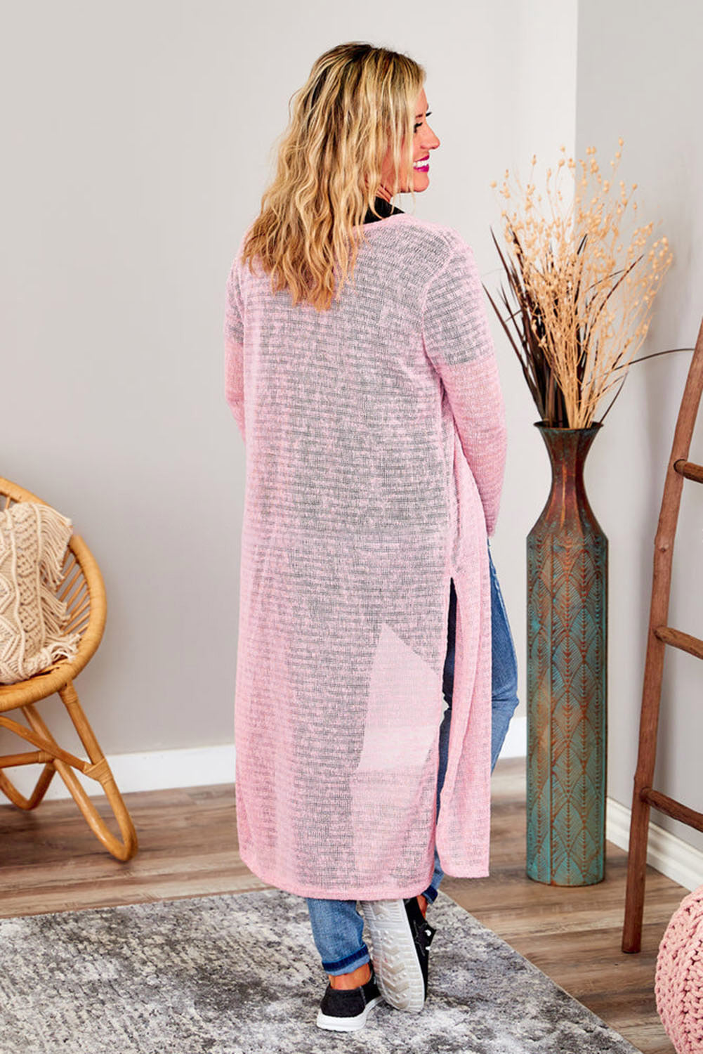 Pink Sheer Knitted Long Side Slit Plus Size Cardigan