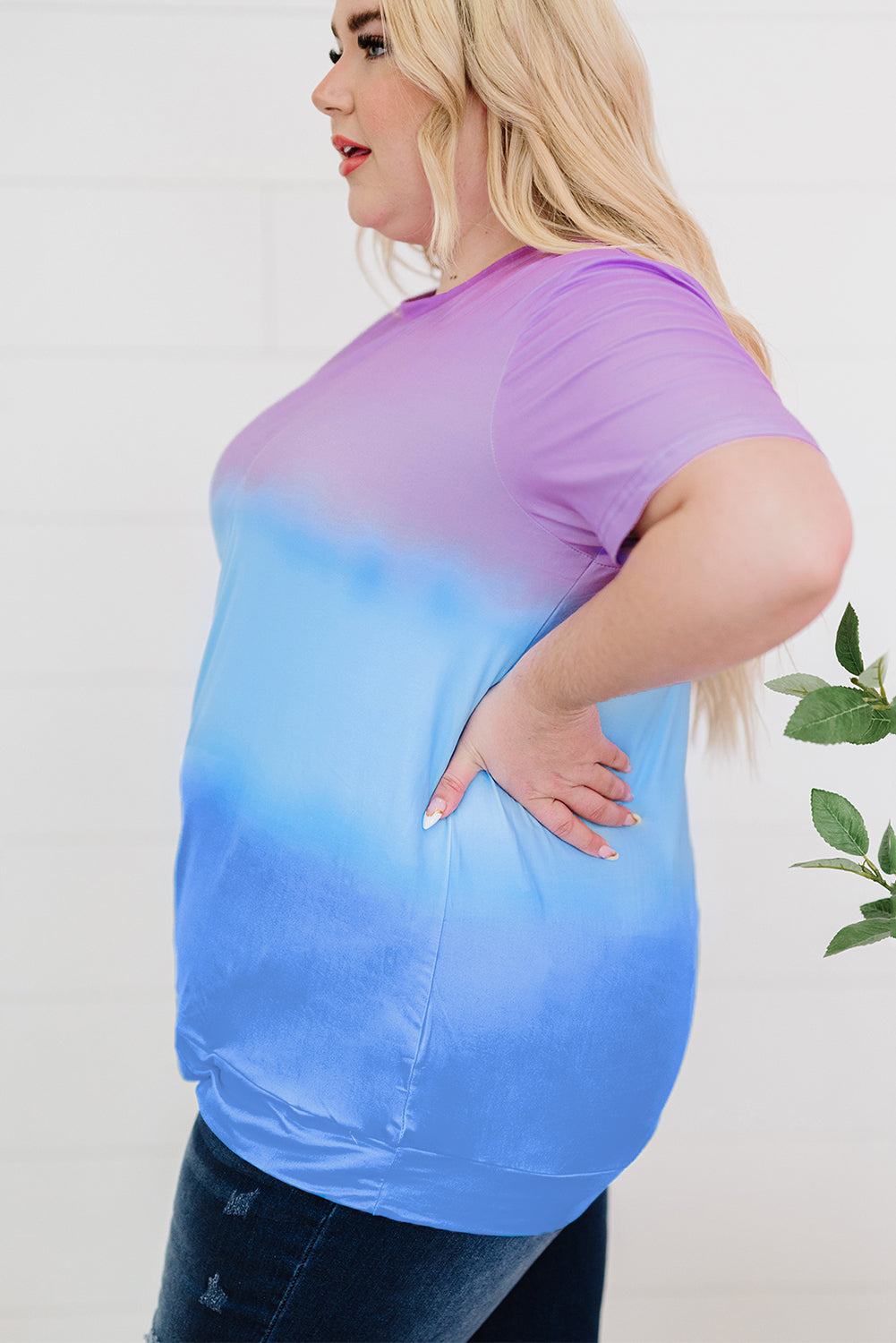 Purple Crew Neck Tie-dye Colorblock Plus Size Tee