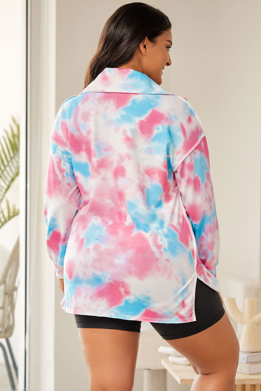 Multicolor Plus Size Tie-dye Zipped Collared Pullover Sweatshirt