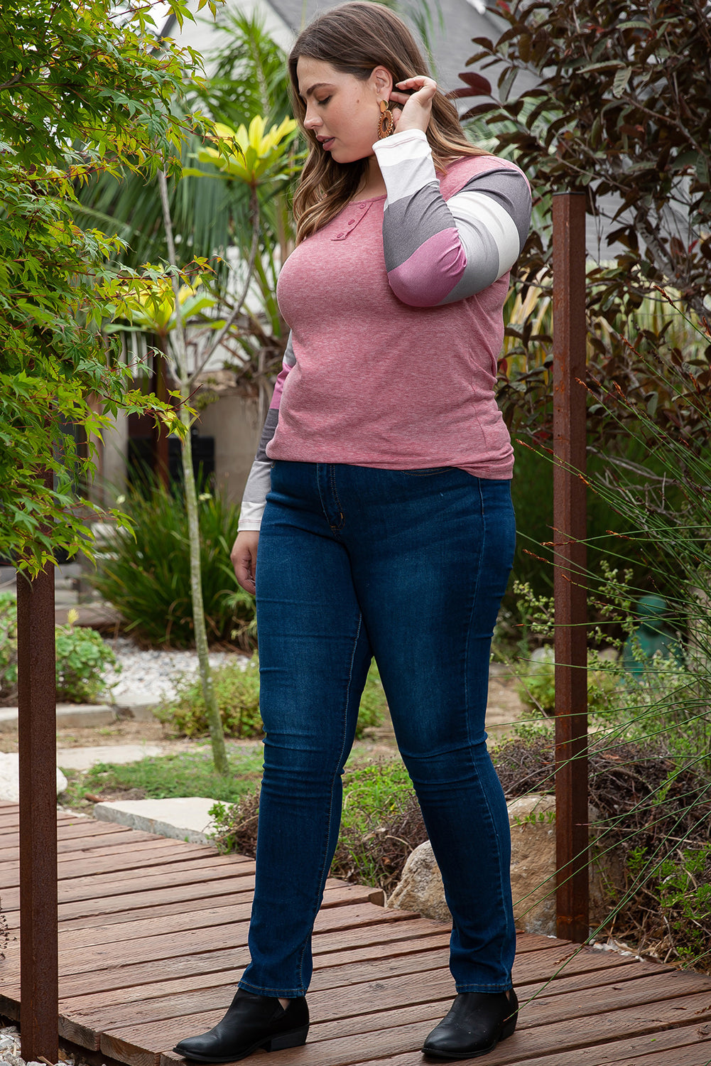 Pink Candy Striping Sleeve Plus Size Top