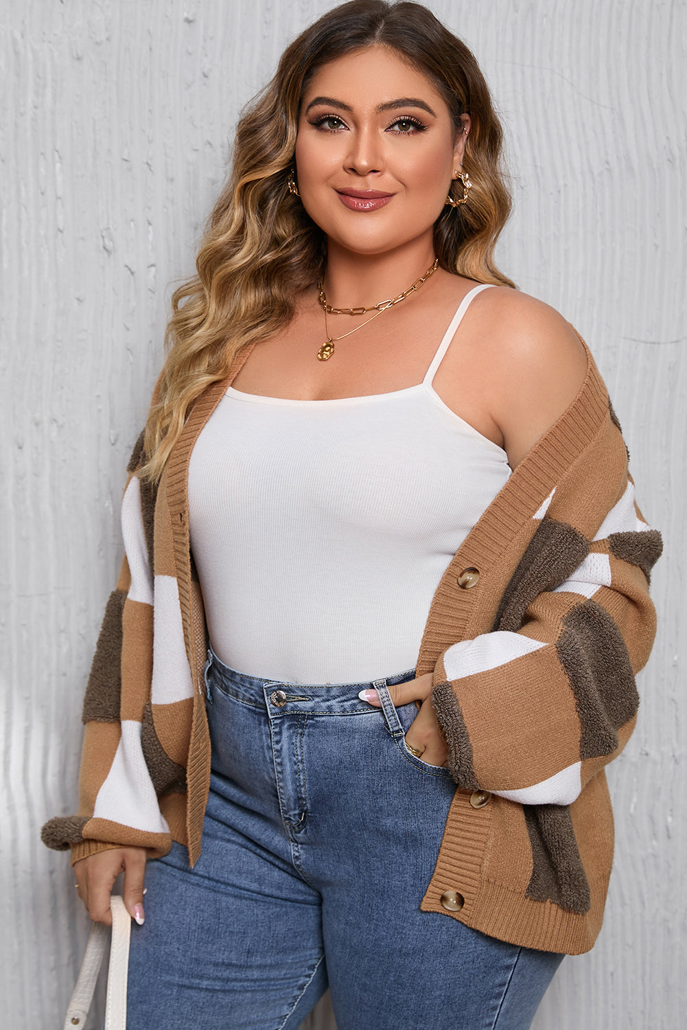 Brown Checkered Knit Ribbed Trim Buttoned Plus Cardigan