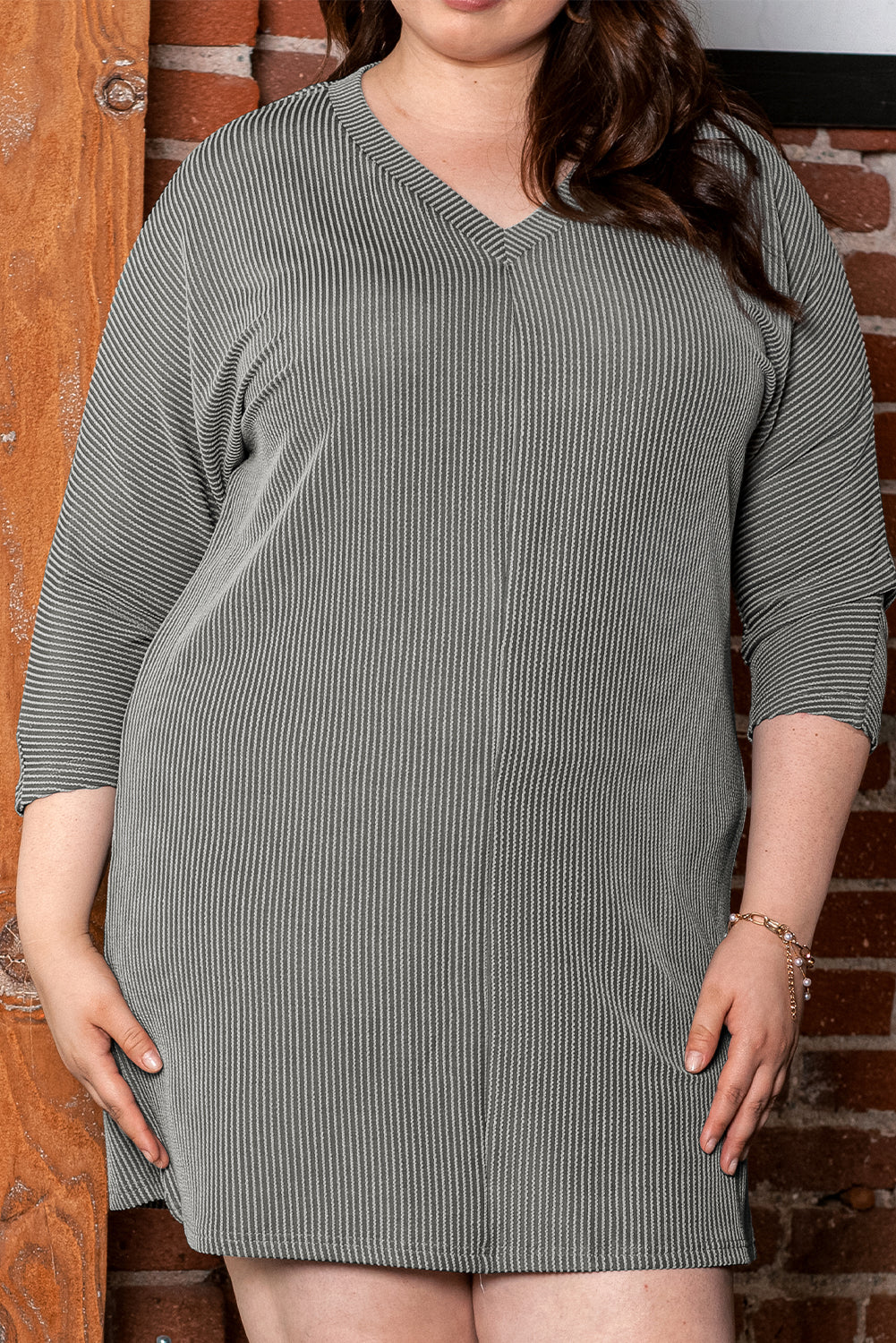 Philippine Gray  Plus Size Corded V Neck Shift Dress