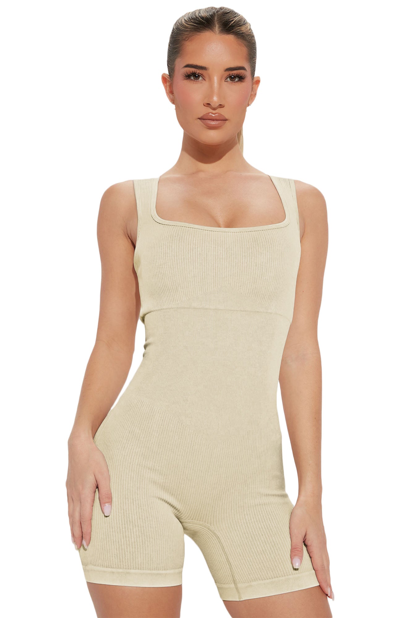 Apricot Ribbed Square Neck Padded Sports Romper