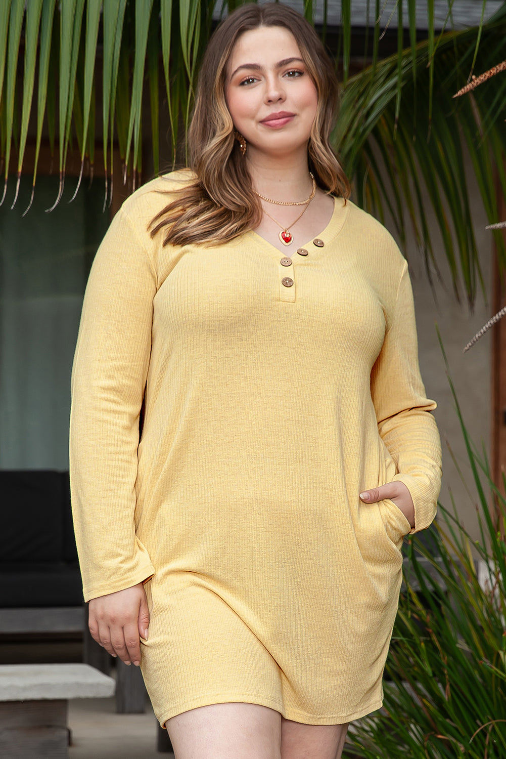 Yellow Plus Size Ribbed Long Sleeve Pocketed Henley Dress