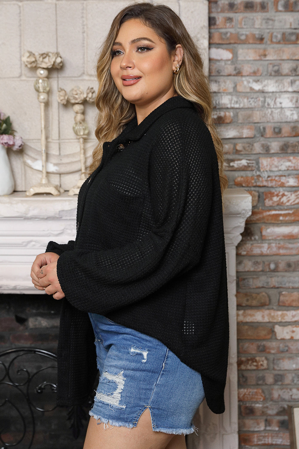 Black Plus Size Chest Pocket Waffle Knit Shirt