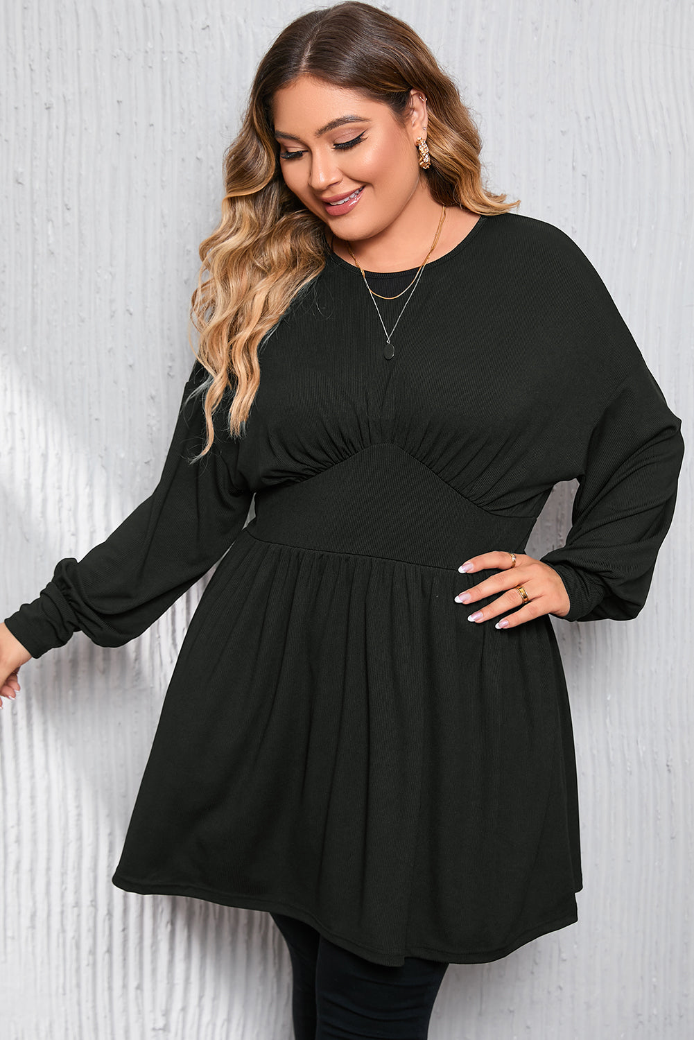 Black Plus Size Ribbed Knit Long Sleeve Tunic Babydoll Top