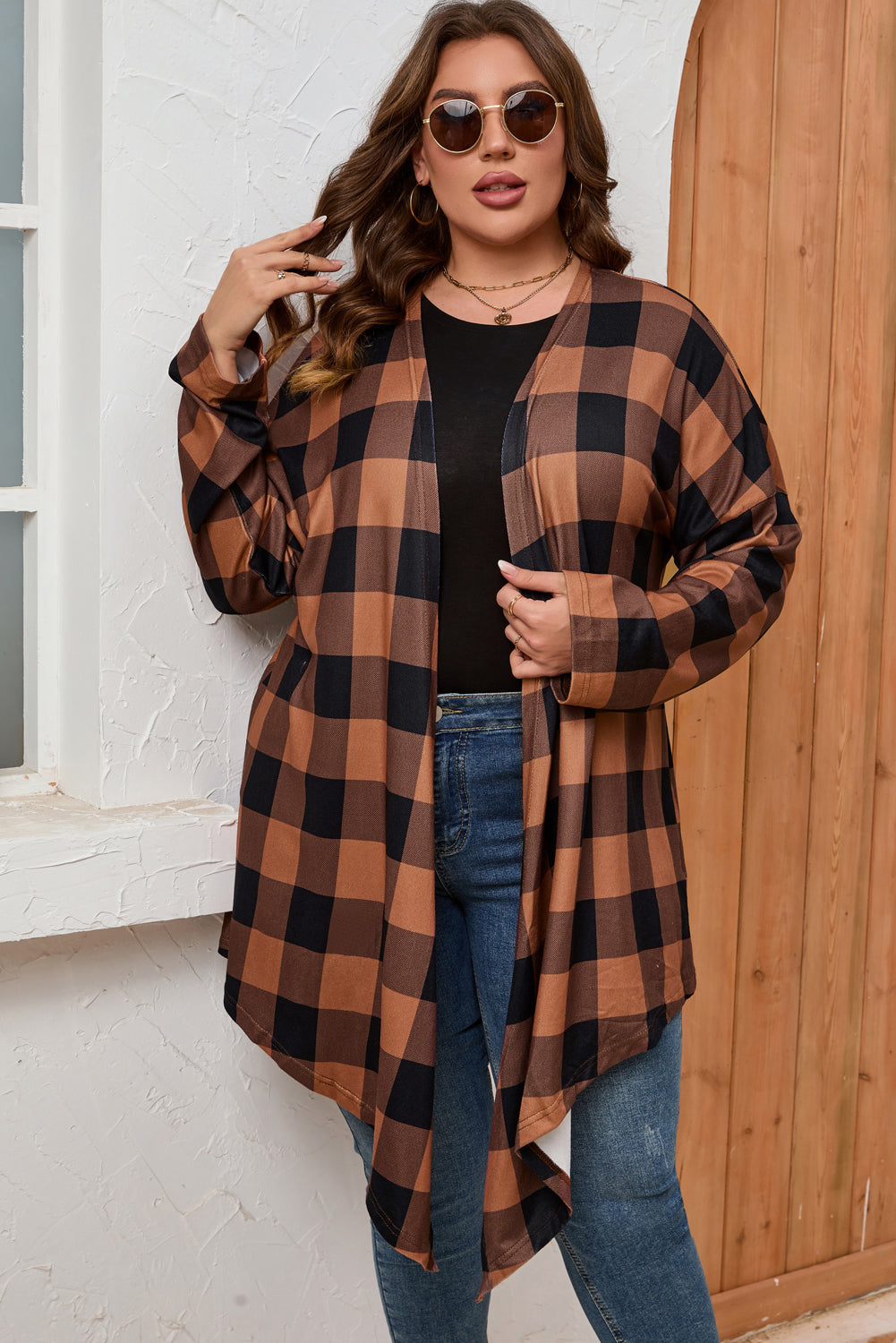 Brown Plus Size Plaid Pattern Open Front Cardigan