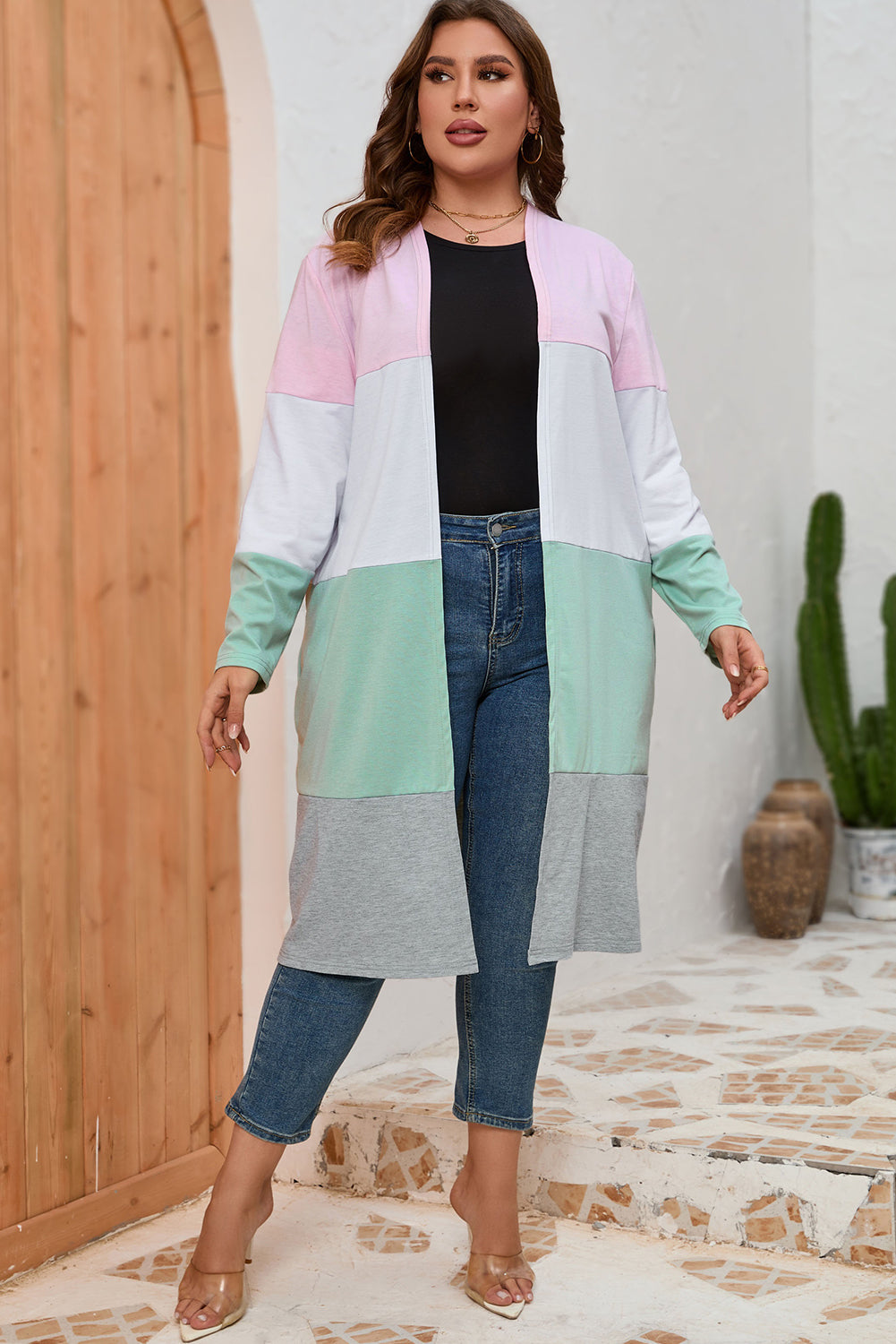 Pink Plus Size Colorblock Open Front Cardigan