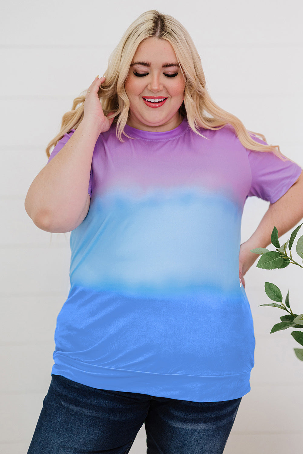 Purple Crew Neck Tie-dye Colorblock Plus Size Tee