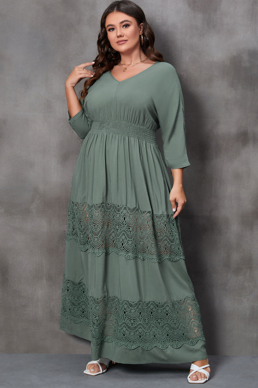 Mist Green Plus Size 3/4 Sleeve Smocked Lace Decor Maxi Dress