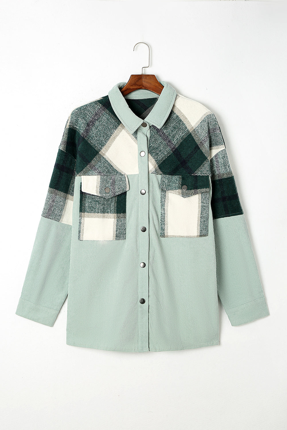 Green Plaid Patchwork Plus Size Corduroy Shacket