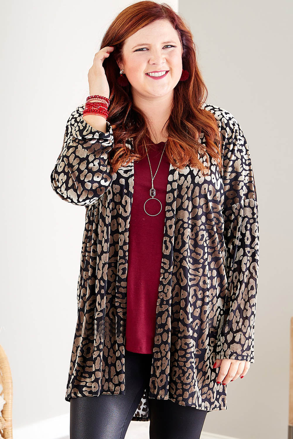 Leopard Print Open Front Plus Size Cardigan