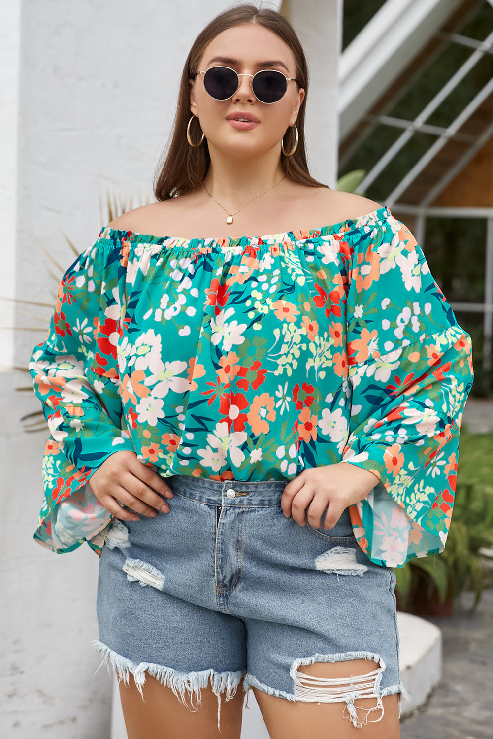 Green Floral Print Frilled Off Shoulder Plus Size Blouse