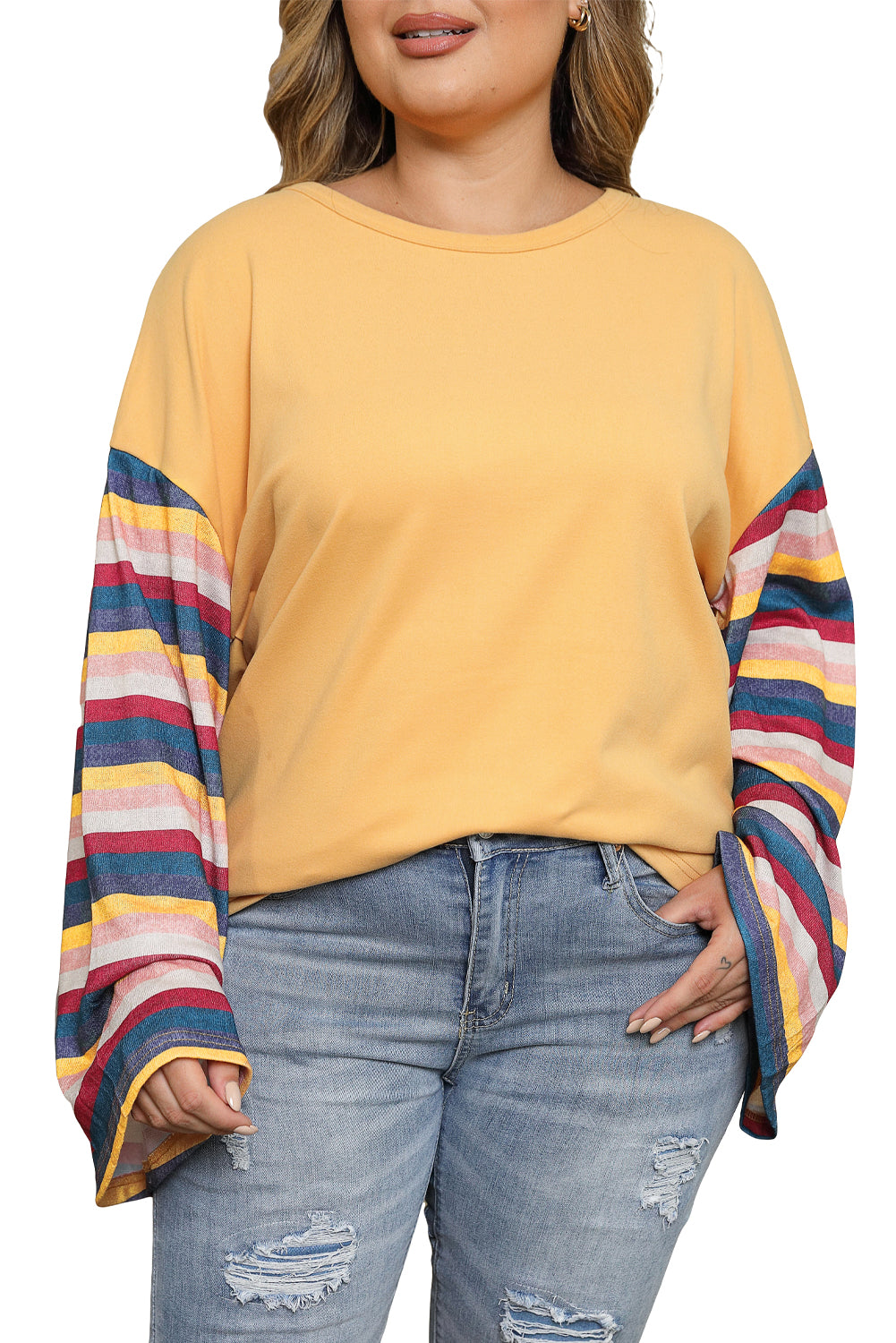 Yellow Serape Striped Bell Sleeve Plus Size Top