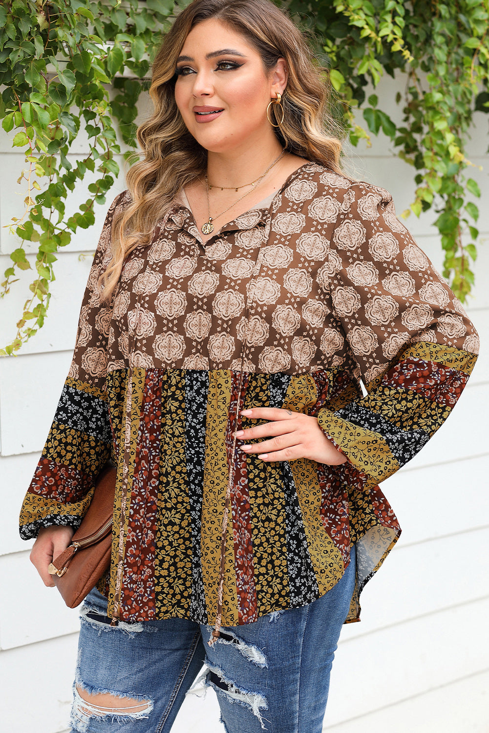 Brown Mix Floral Striped Ethnic Splicing Plus Size Blouse