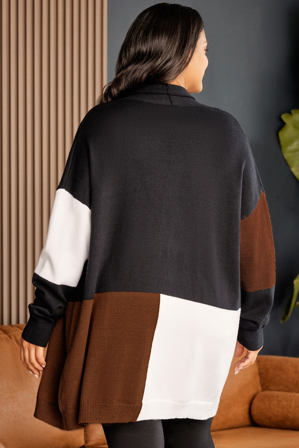 Brown Plus Size Open Front Color Block Cardigan