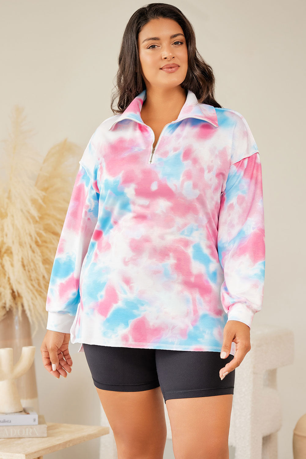 Multicolor Plus Size Tie-dye Zipped Collared Pullover Sweatshirt