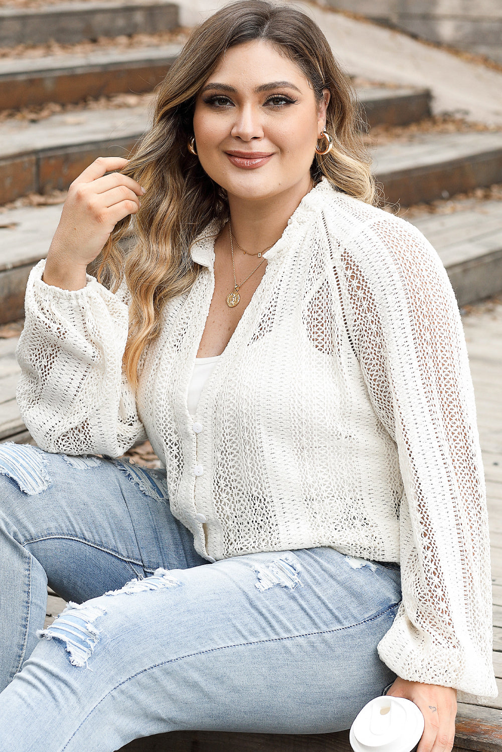 White Plus Size Lace Hollow Out V-Neck Button Up Shirt