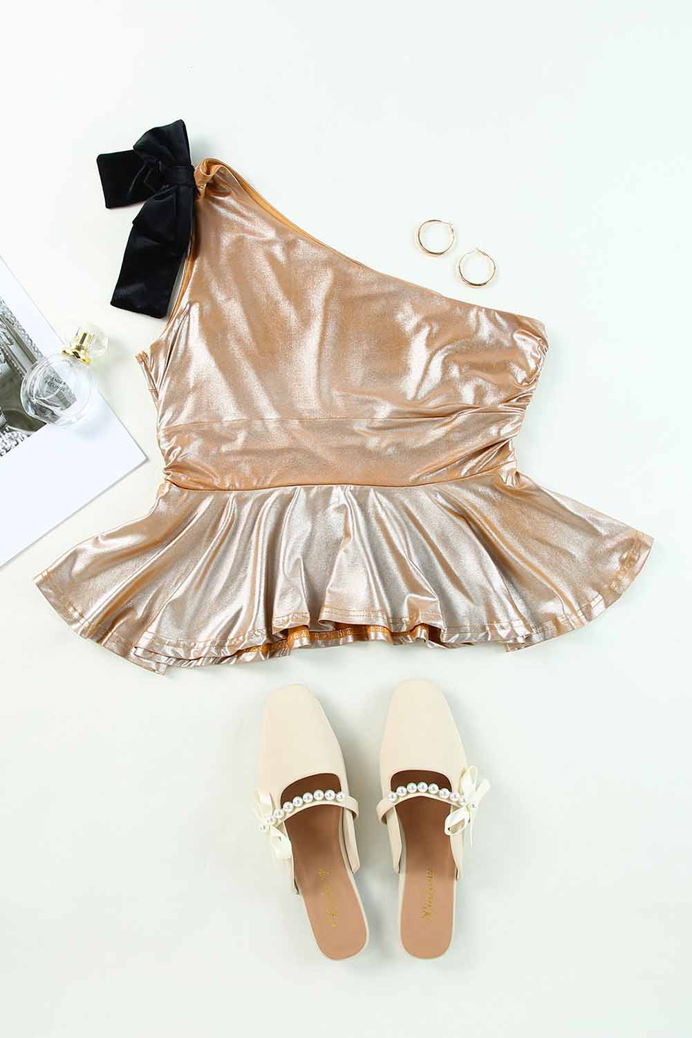 Apricot Velvet Bow Tie One Shoulder Peplum Tank Top