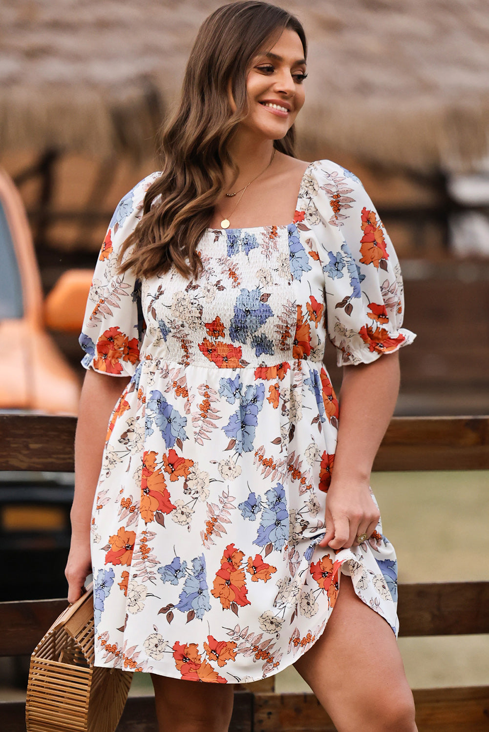 White Floral Smocked Flared Plus Size Dress