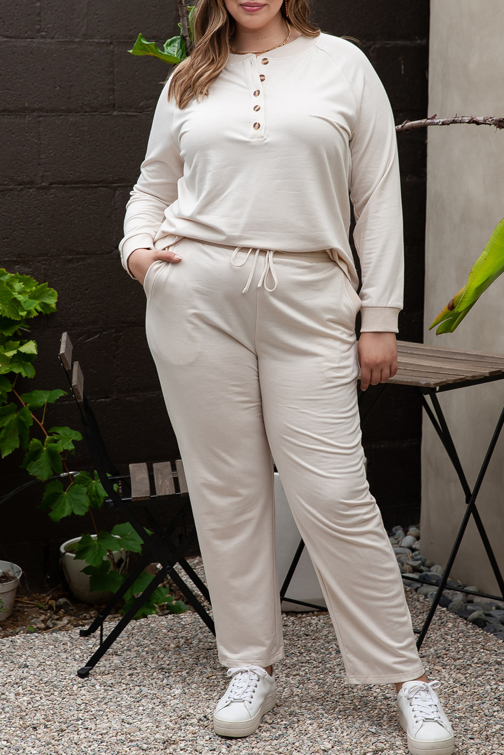 Apricot Plus Size Long Sleeve Henley Top Drawstring Pants Outfit