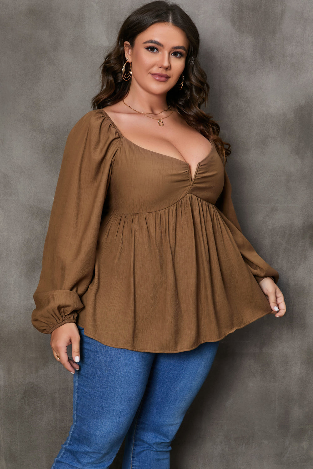 Khaki Plus Size Sweetheart Neck Long Sleeve Peplum Blouse