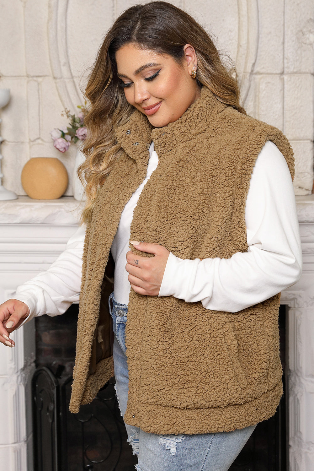 Khaki Plus Size Pocketed Sherpa Vest